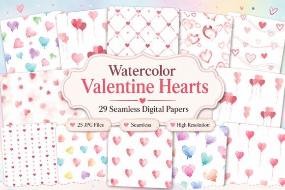 Download Watercolor Valentine Hearts Digital Pape - Hearts Collection